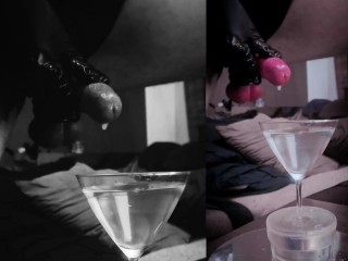 Huge CUMLOAD in a Martini-glas of WATER after Stretching my Balls