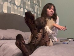 Goddess Sandra D FISHNET SMOKING FETISH FOOT FETISH Miss sandra domina smoking teasing nylon soles