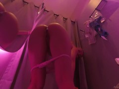 In a public fitting room, a naked girl with a juicy ass tries on panties and underwear. Caught mastu