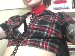 girl wearing chain and leash