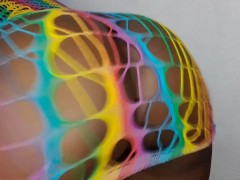 Big ebony milf shows bug oiled ass in rainbow lingerie