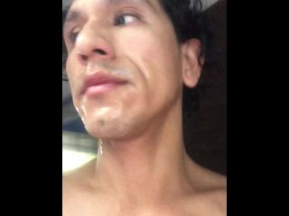 Taking shower after sucking a cock and cumming on my face