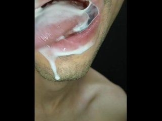 cum in my mouth, I play with your cum, and I swallow it, closeup, naughty gay, tongue, sloopy