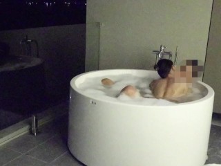Asian Couple having Sex in an Outdoor Jacuzzi, someone is Peeking.