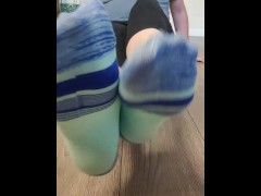 Smell my stinky sweaty colorful socked feet while I spread & wiggle my long toes and tease you