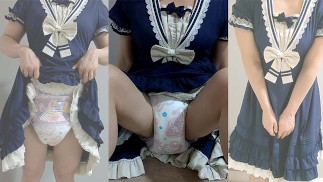 Crossdresser Wearing a Blue Sailor Dress and a Thick Diaper, then Jerking Off 5 男の娘 洋服 偽娘 おむつ