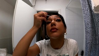 Super Hot Very Beautiful Brunette College Girl in her Dorm Room prepares for going out to Night Club