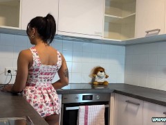 Hot Brunette Bored Wife in a Mini Modified Sun Dress to Flash her Tight Shaved Pussy in the Kitchen