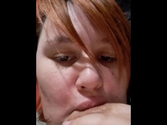 Watch me suck my huge tit