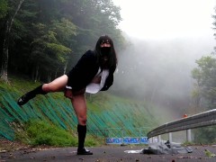 Perverted schoolgirls are captivated by outdoor exposure masturbation on an abandoned road