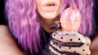 Intense handjob in transparent black lace gloves! She quickly jerks off his cock and enjoys big cum