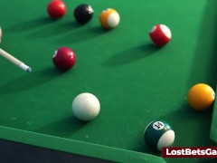 Big tits lesbian couple friendly strip pool game