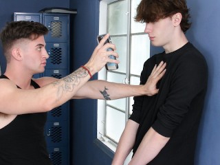 Horny Twink Rides Big Dick in Public Bathroom after getting Caught Masturbating