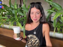 Blowjob in a Public Toilet Starbucks and Cumwalk - She drinks coffee with cum on face among people