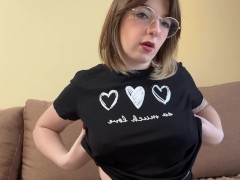 Chic brunette with big boobs poses on camera