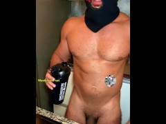 masked man with a big dick drinking whey in the morning