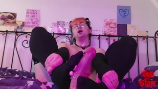 submissive FTM slut gives footjob POV