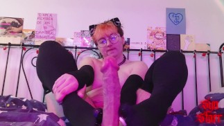 submissive FTM slut gives footjob POV