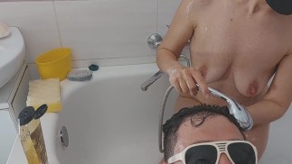 Sexy wife washes the man. Amateur couple with hairy pussy, big ass and big tits