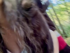 Sucking cock in the woods leads to a cream pie on a public trail! Watch the cum drip out of my pussy