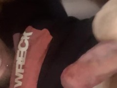 Top View, My Own Huge Uncut Cock Cums Into My Mouth, Love it!