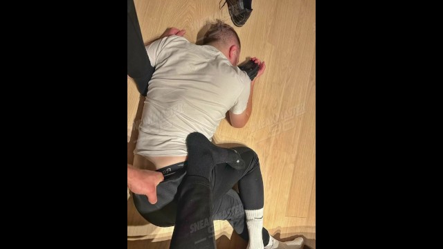Twink Slave sniff foot worship for his Sneak Master scally lad  stinky Socks smelly foot feet cock