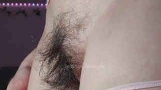 Hairy Girl playing with Mighty Bush Up close