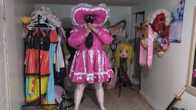 Pink PVC Sissy Bonnet Dress, Gasmask Fun with Breathing bag and Bottle