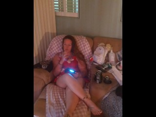 Pretty MILF in Red Mini Night Gown Smoking Cigarettes and Playing Video Games