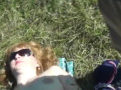 On wild beach pervert saw beautiful sexy blonde sunbathing naked. Cock masturbation and cumshot. POV