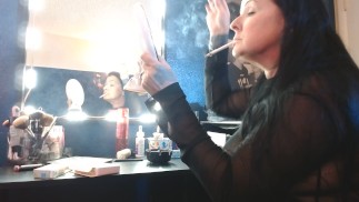 Dangling Long Virginia Slims 120 Cigarette Doing Makeup Smoking Hands Free