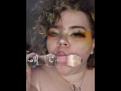 Goth GF sucks on toy for you