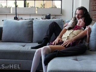 Asian school girl shows off her cute panties and seduces her stepdad
