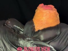 Close up of My girlfriend massages my cock and tastes my cum