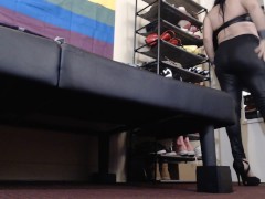 Hot Leather Long Hair Milf Struggles in 1 Shoe