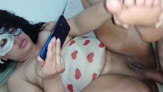 bitch ejaculating deliciously while getting excited by dirty porn and a hard dick entering