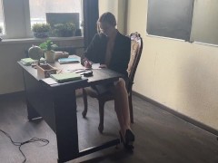 A strict teacher loves to wear high heels and play with them right in the classroom, from which her