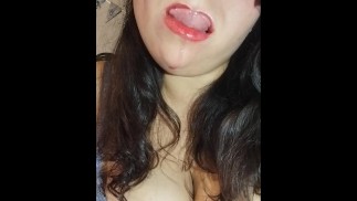 Saliva, drooling from my mouth. I play with my saliva and he sucks my huge natural breasts. Big titis