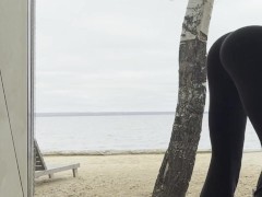 sexy goddess stretching yoga by the sea