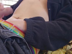 Femboy jerking off outside in the fall leaves