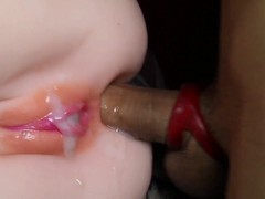 a sexy bald vagina is abundantly filled with fresh sperm and sperm flows over the plump labia close-