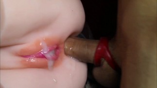 a sexy bald vagina is abundantly filled with fresh sperm and sperm flows over the plump labia close-