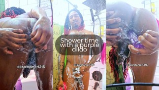 GF almost catches BBC boyfriend using purple dildo and stroking BBC in the shower