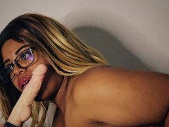 Cute milf with glasses sucks a dildo passionately for you
