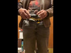 Sexy leather jacket masturbation -  I wear a leather jacket and vibrate and stroke my dick to orgasm