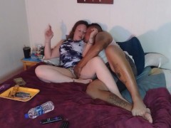 Daddy lifts up my minidress in bed and plays with my panties and fingers me