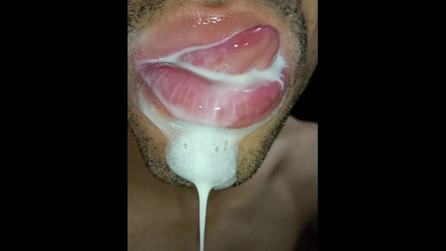 cum in my mouth, I play with your cum, and I swallow it, closeup, naughty gay, tongue, sloopy