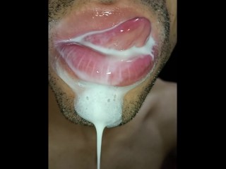 Cum in my Mouth, I Play with your Cum, and I Swallow It, Closeup, Naughty Gay, Tongue, Sloopy