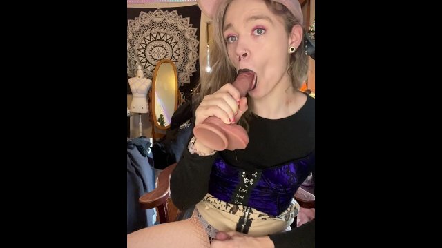 Alt Trans Fem in Black Lipstick Jerks Off, Sucks a Realistic Dildo and Eats Cum Off it