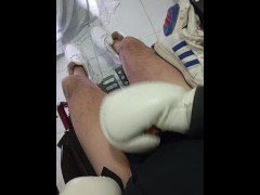 Wheelchair jerkoff in Adidas boxe gloves and Nike af1. Paraplegic